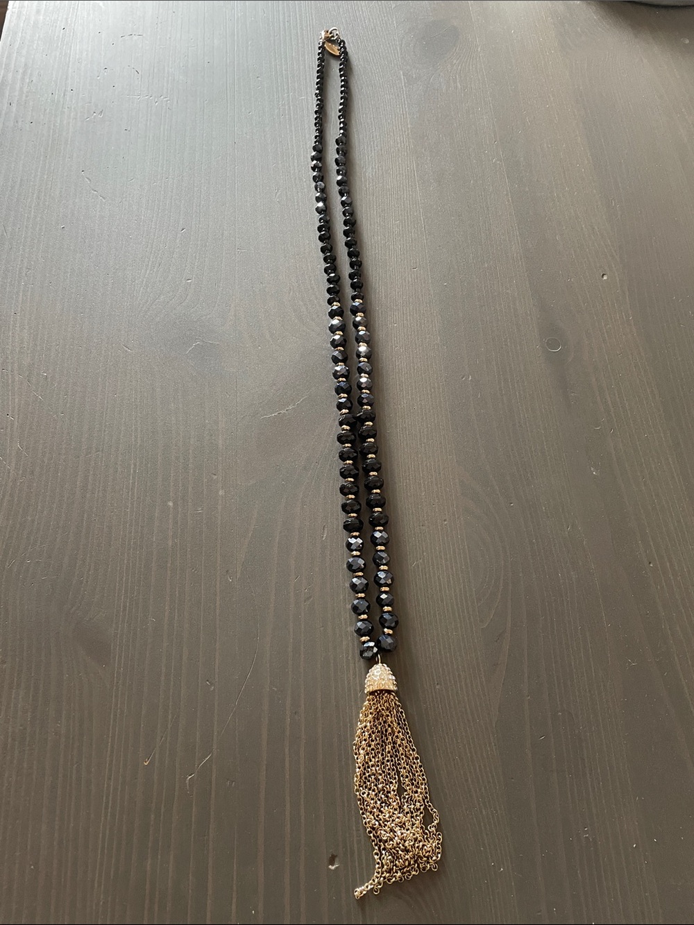 Ann Taylor Black and Blue Beaded Necklace with Gold Tassel